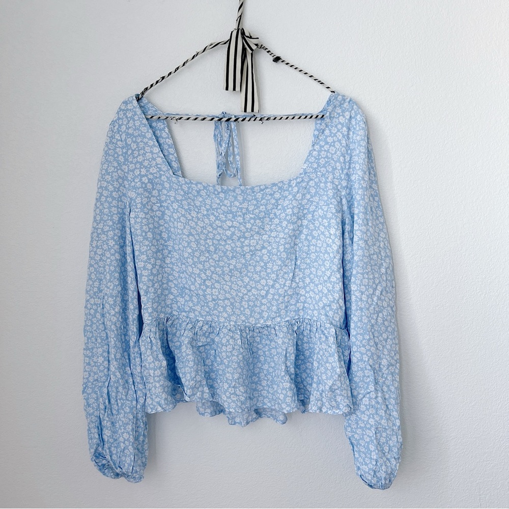 See The Shades Blue White Tiny Floral Square Neck Babydoll Top
